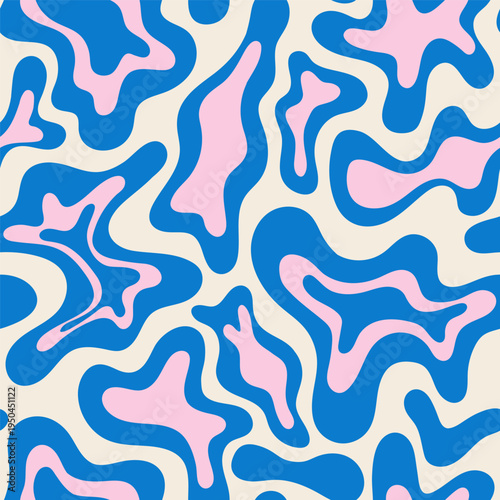 Abstract seamless pattern with flowing organic shapes in blue, pink and beige. Modern wavy design in retro style. Perfect for textile, wallpaper, packaging, fashion prints, wrapping paper.