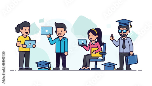 Student Collaboration and E-learning: Group of students collaborating, studying using laptops with a professor giving direction. Portraying educational technology.