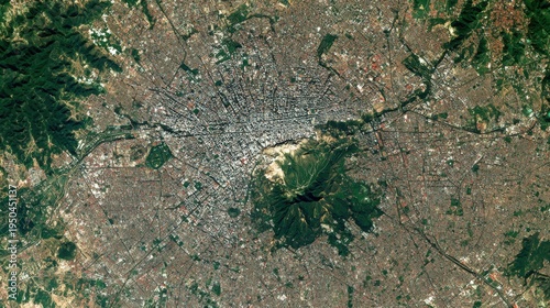Aerial view of urban sprawl and natural landscape from above