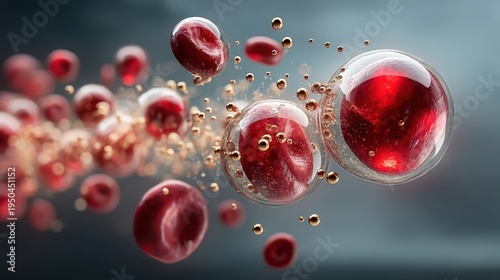 Medical illustration of red blood cells in the bloodstream with iron molecules
