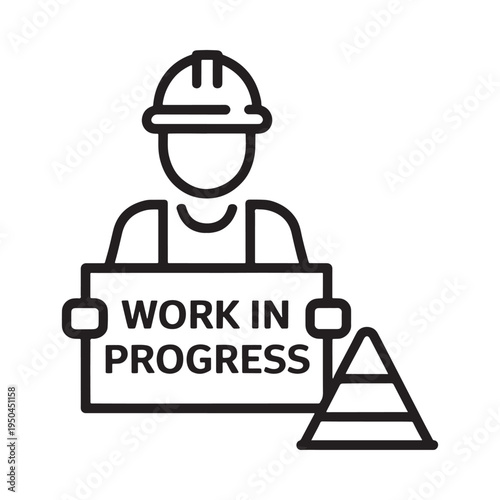 Construction worker with a work in progress sign and cone