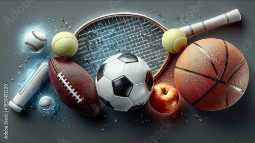 dynamic and vibrant representation of various sports equipment.