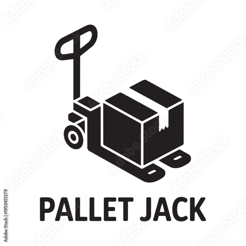 Simple black silhouette of a pallet jack lifting cardboard boxes