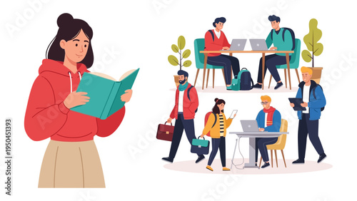 Knowledge Seeker's Journey: Illustration of various individuals engrossed in reading, working on laptops, and using tablets, symbolizing the pursuit of knowledge and the modern learning environment.