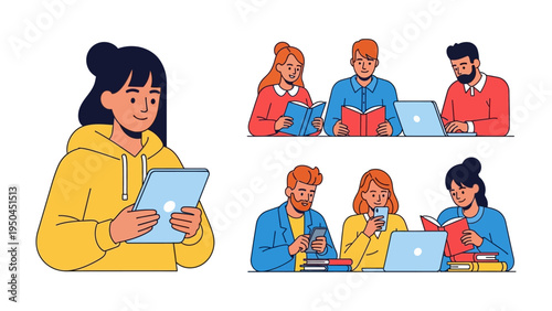 Digital Age Literacy: People in a modern learning environment, a woman with a tablet, others with books and laptops engaged in studying, reflecting the blend of new and traditional study habits.