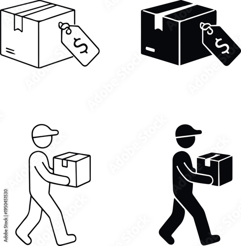 Set of four delivery and e-commerce icons featuring packages with price tags and delivery personnel carrying boxes in outline and filled styles