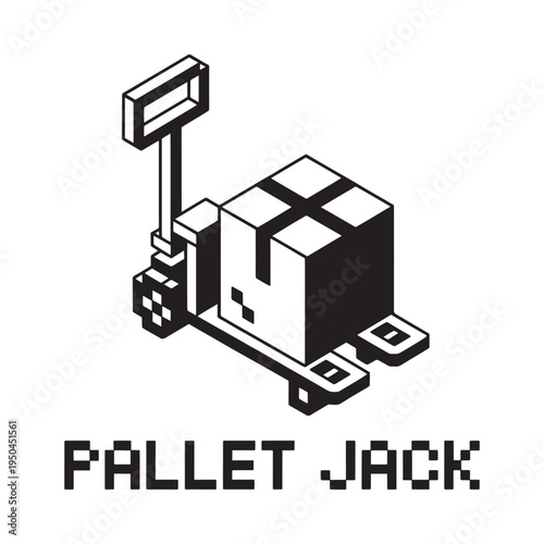 Isometric illustration of a pallet jack lifting a cardboard package