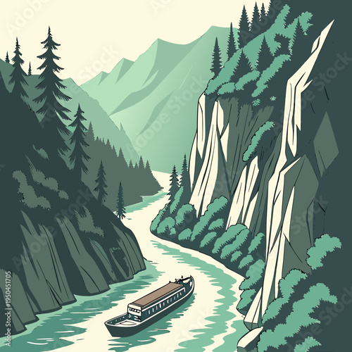 A boat sails down a river in a mountainous landscape