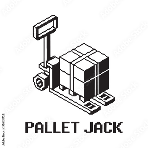 Isometric illustration of a pallet jack lifting stacked cardboard boxes