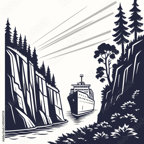 A ship sails through a narrow passage between two rocky cliffs