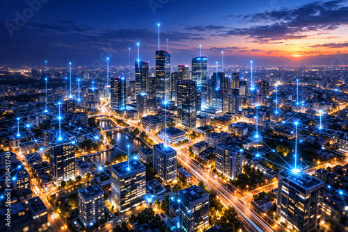 Wallpaper Mural City skyline at sunset with digital connections and blue lights across buildings and streets Torontodigital.ca