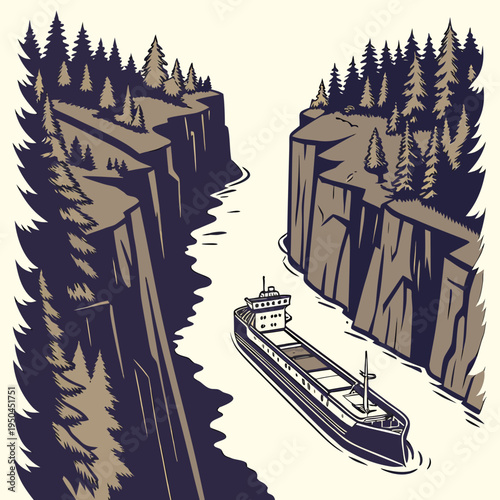 A large ship sails through a narrow river canyon
