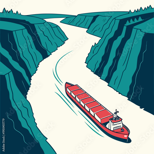 A red barge sails through a narrow waterway