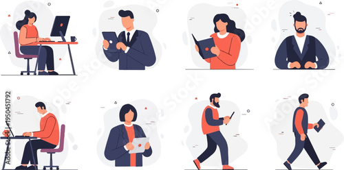 Diverse group of business professionals interacting with technology for work