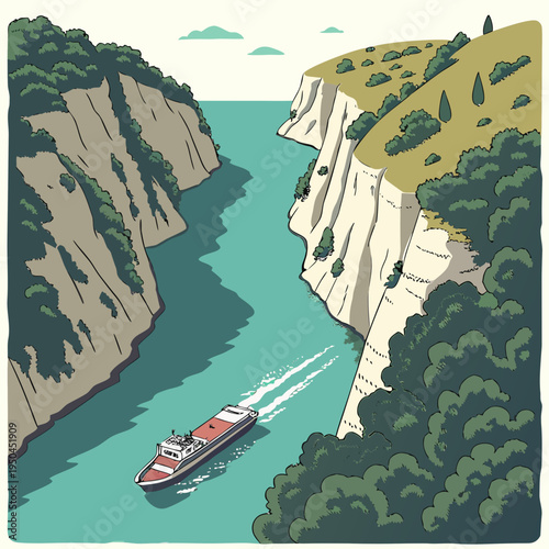 A red boat sails through a narrow river canyon