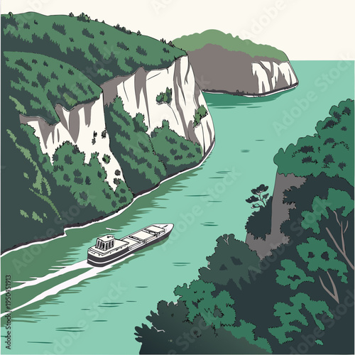 A large boat sails through a scenic river canyon