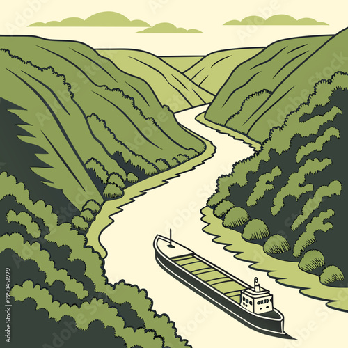 A large cargo ship sails down a winding river