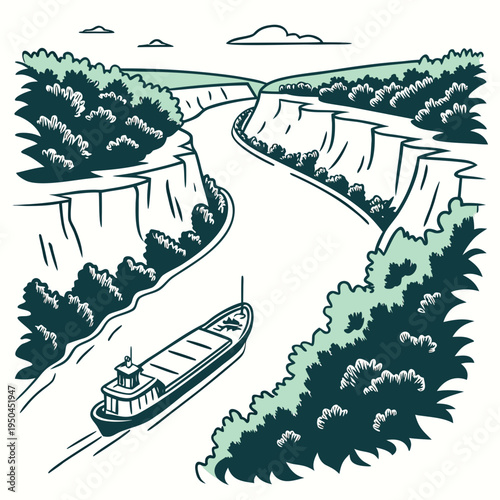 A boat sails down a river with cliffs on either side