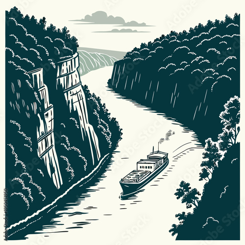 A boat sails down a river between two cliffs