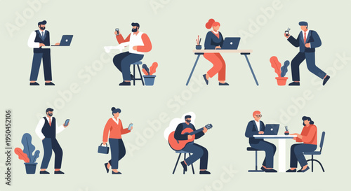 Diverse individuals engage in various activities, including work, leisure, and social interaction