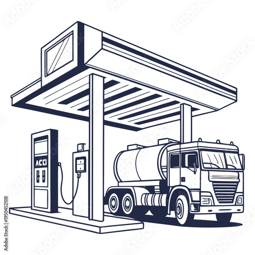 A large truck is parked under a gas station canopy