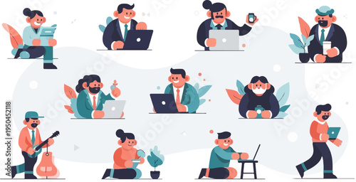 Diverse cartoon people engaged in various activities with digital devices and hobbies