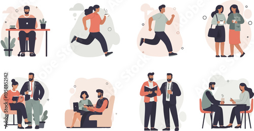 Diverse individuals engage in various activities working, exercising, chatting, and meeting