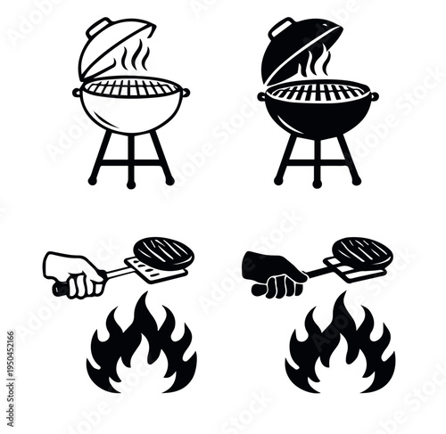 Set of six black and white grilling and barbecue icons featuring kettle grills with steam and spatula holding burger patty above flames