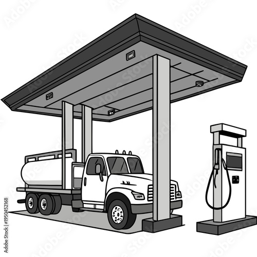 A large truck refueling at a gas station canopy