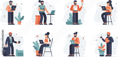 Diverse individuals engage in remote work, using laptops and enjoying beverages