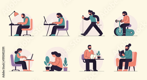 Diverse characters engage in various home activities, from work and exercise to reading and gardening