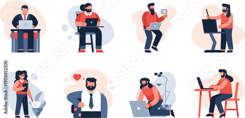 Diverse individuals engaged in digital work, various poses and settings