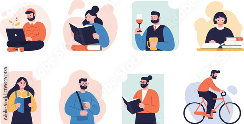 Diverse individuals engaged in reading, working on laptops, drinking, and cycling