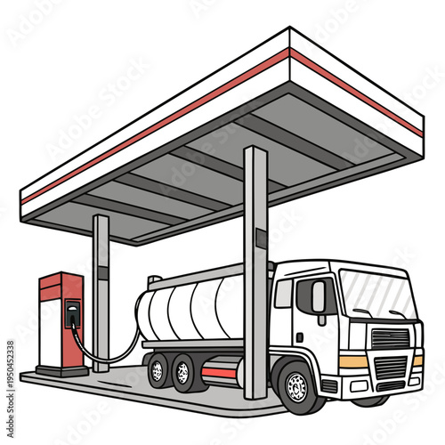 A large white tanker truck refueling at a gas station