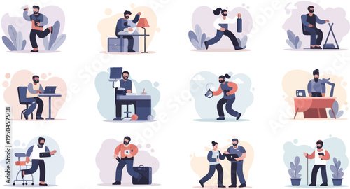 Diverse individuals engaged in various activities work, leisure, and physical exercise