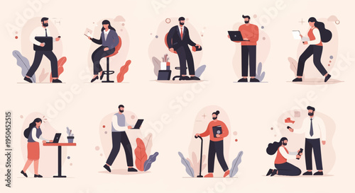 Diverse individuals engaged in various activities, presenting a modern, stylized depiction of everyday work life