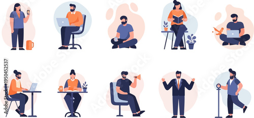 Diverse individuals engaged in various daily activities, reading, working, and communicating