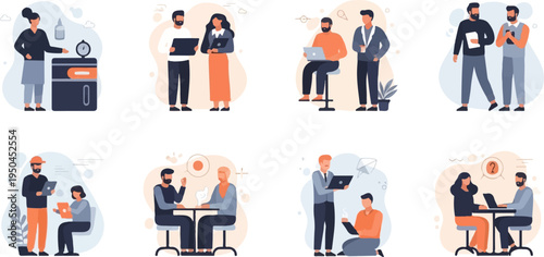 Diverse individuals collaborate and interact in various professional settings