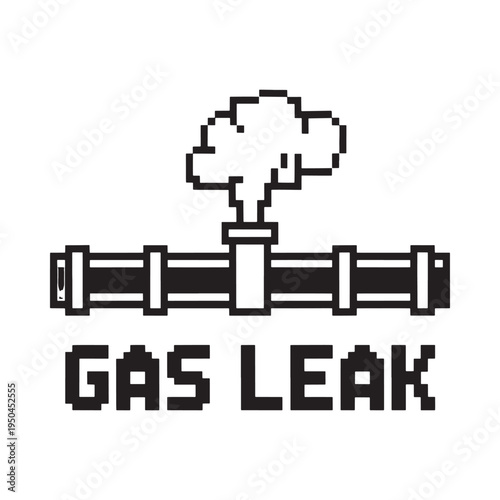 Pixelated illustration depicts a gas leak from a pipe with warning text