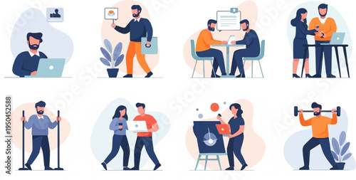 Diverse individuals engage in office tasks and fitness activities