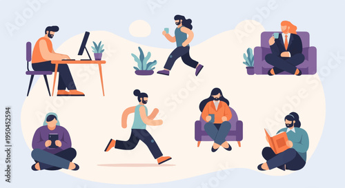 Diverse individuals engaged in various leisure and work activities in a stylized setting