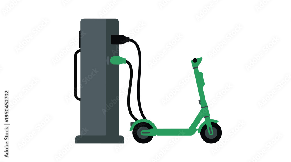 Naklejka premium Green electric scooter being charged at a public charging station
