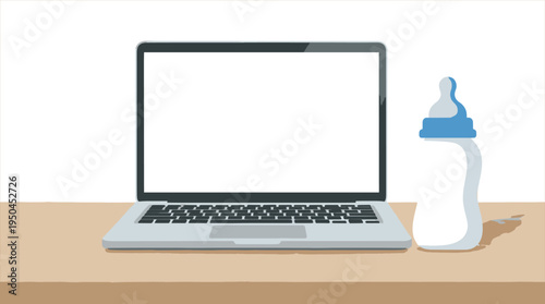 Laptop and baby bottle on table for parental advice