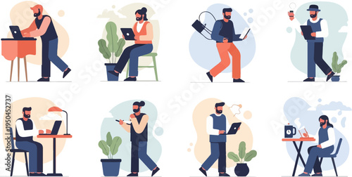 Diverse individuals engage in various activities including laptop use, reading, and coffee breaks