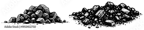 Vintage engraving style illustration of piles of coal rocks and mineral ore