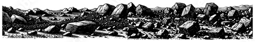 Detailed horizontal landscape of scattered rocks and stones in hand drawn engraving style