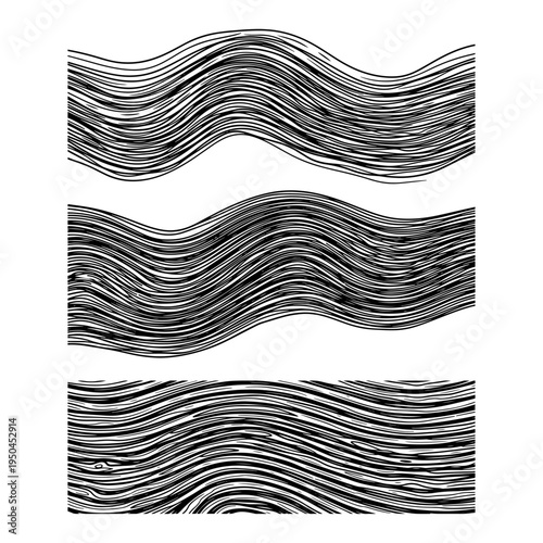 Three wavy organic patterns showing wood grain or liquid ripples in detailed line art style
