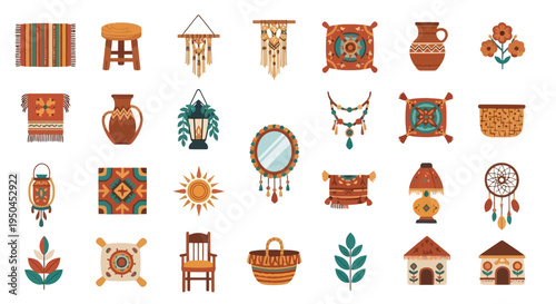  Vector Icons Set of Bohemian Home Decor Collection with Diverse Artistic Elements.