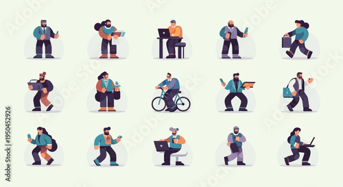 Diverse individuals engaged in various daily tasks and professions, depicted in a pixelated style