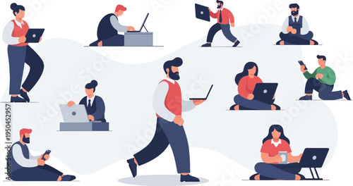 Diverse individuals using laptops and phones in various casual poses